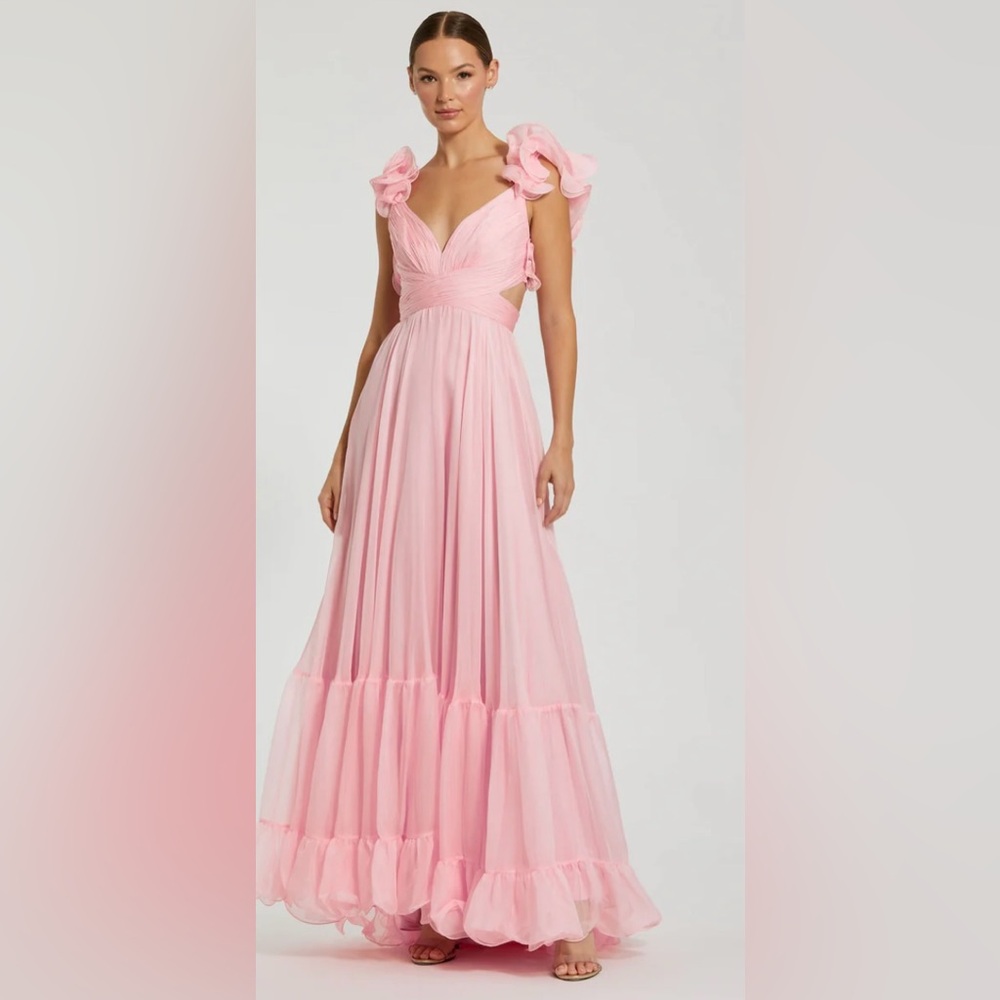 Mac Duggal Ruffle Tiered Cut-Out Chiffon Gown in Blush